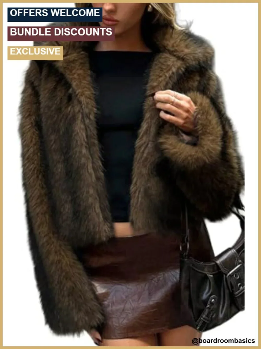 Women's Two-Tone Faux Fur Coat Fluffy Jacket Lapel Collar Quilted
